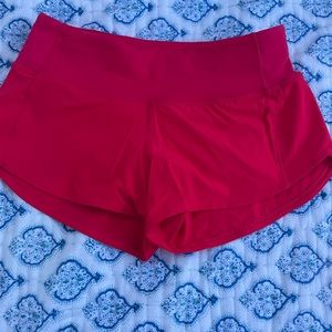 red Lululemon low rise speed up shorts size 0 and 2.5 length